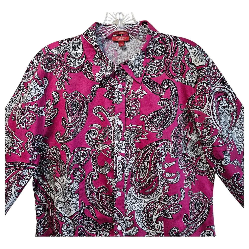 TALBOTS Women's 14 Blouse Paisley Pink Black Button Up Cotton Sateen Classic 40" - Picture 3 of 9